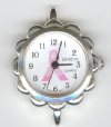 1 33x30mm Watch Face Two Loop Round Silver Tone Scalloped with White Face, Hearts, and Pink Ribbon